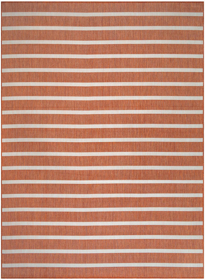 Close-up of Nourison Positano Terracotta Ivory rug with horizontal stripes in chestnut and ivory. Modern design.