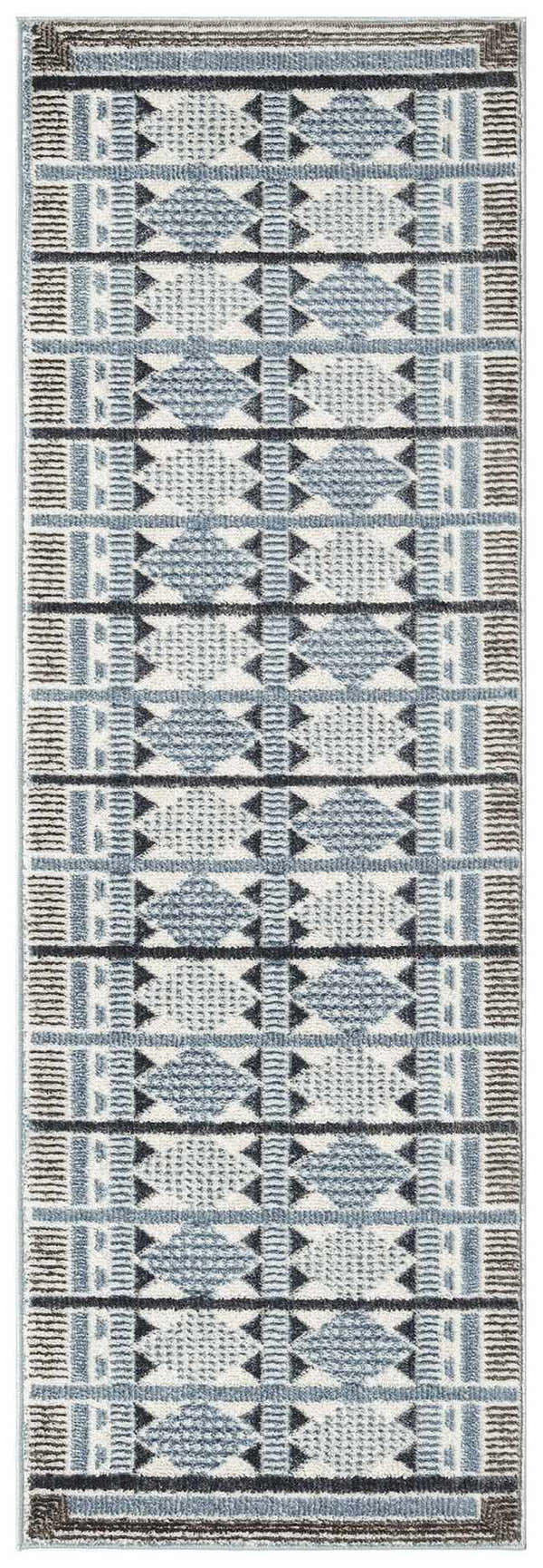 Close-up of Nourison Nordic Blue Modern rug. Light blue, gray, and black geometric pattern.