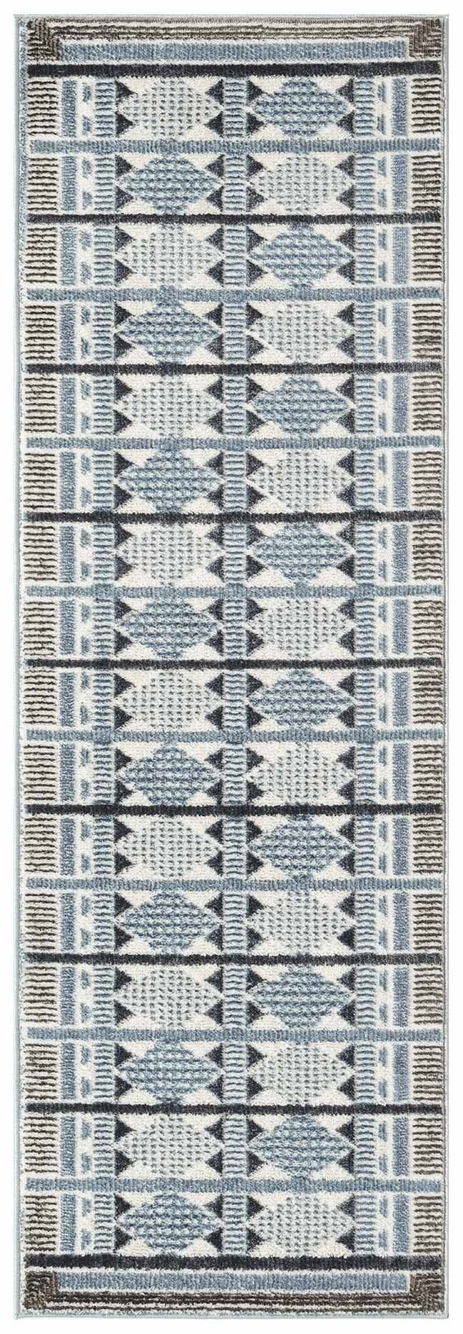 Close-up of Nourison Nordic Blue Modern rug. Light blue, gray, and black geometric pattern.