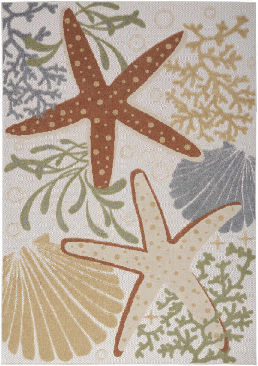 Close up of Nourison Aloha Ivory Multicolor Outdoor Area Rug with starfish, coral and seashell pattern.