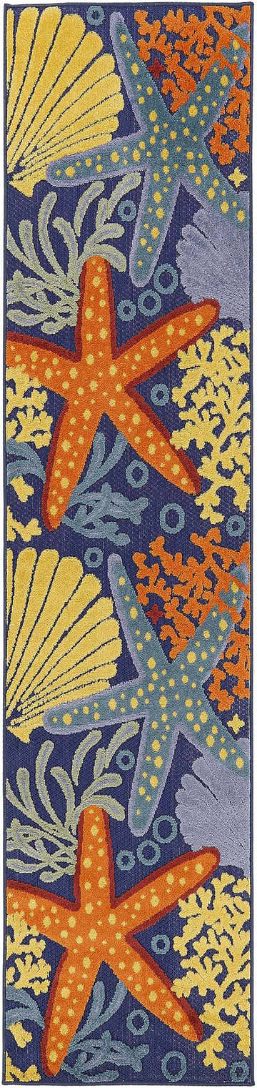 Close-up of Nourison Aloha Navy Multicolor runner rug featuring starfish, coral, and shells in orange, yellow, and blue.