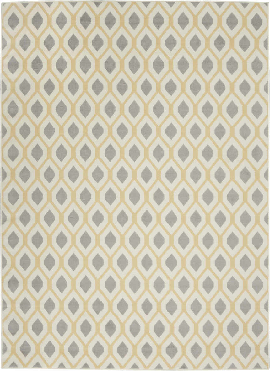 Close-up of Nourison Grafix White Contemporary Indoor Area Rug with geometric gray and off-white pattern.