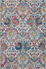 Detailed pattern of Nourison Ankara Global Ivory Blue Vintage Area Rug. Floral and paisley design with chestnut accents.