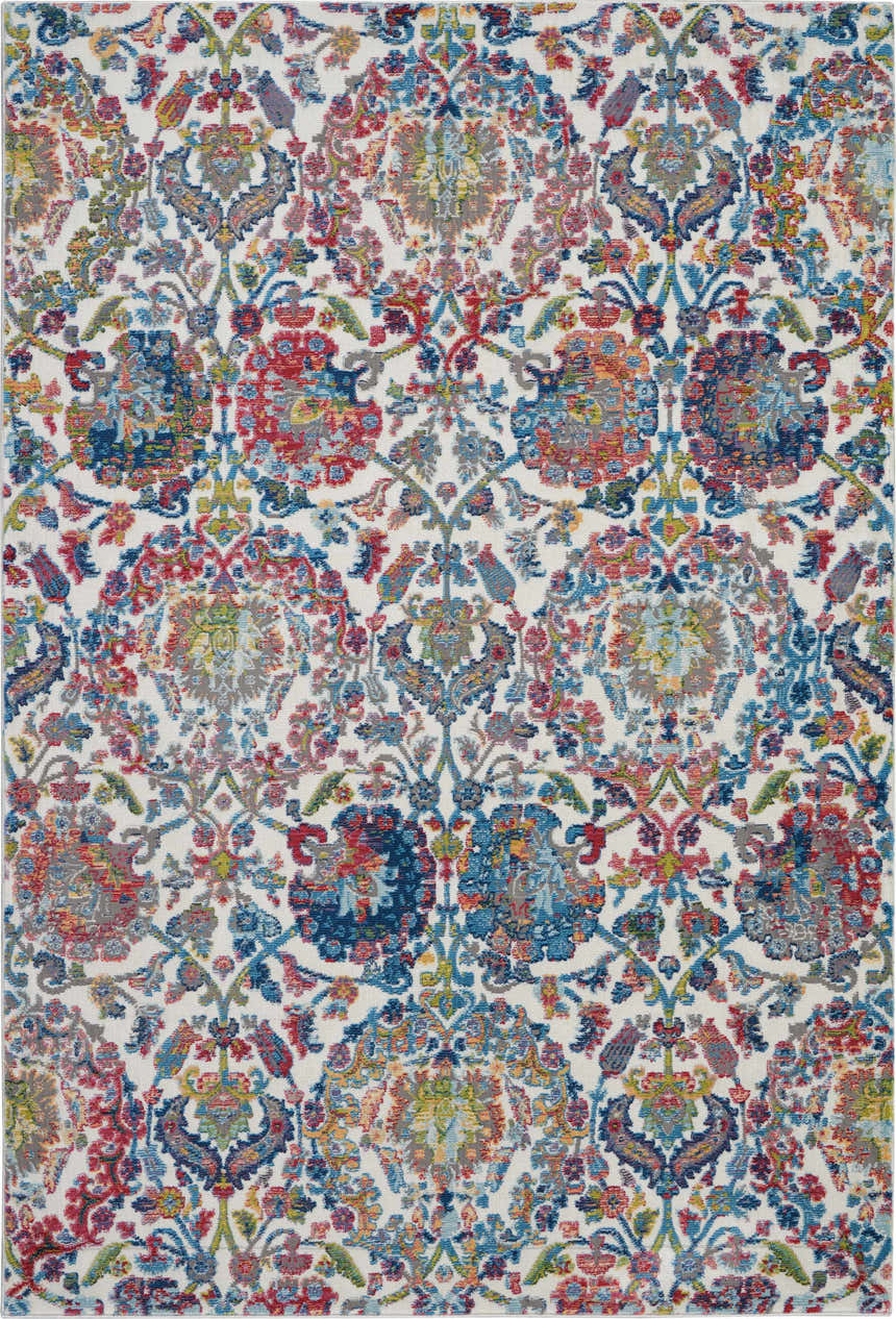 Detailed pattern of Nourison Ankara Global Ivory Blue Vintage Area Rug. Floral and paisley design with chestnut accents.