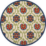 Round Nourison Aloha Blue Multicolor rug with a floral pattern and green vines on a cream background.