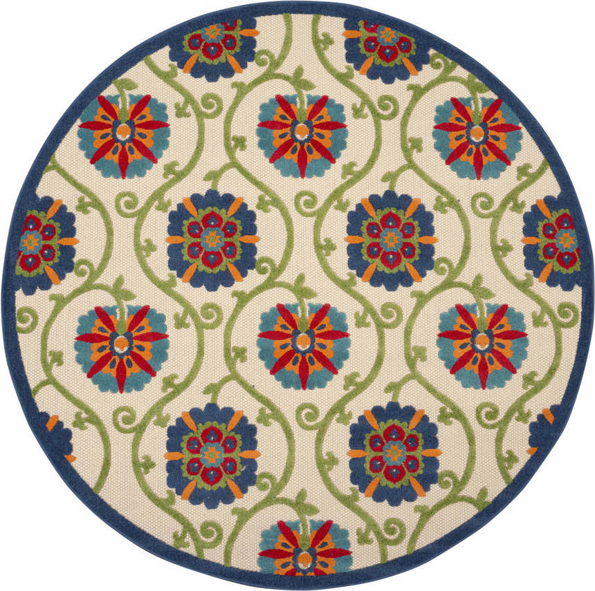 Round Nourison Aloha Blue Multicolor rug with a floral pattern and green vines on a cream background.