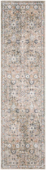 Close-up of Nourison Astra Silver Taupe Rug. Vintage style with ivory, blue, and taupe floral pattern. Machine-made texture.