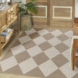 Entryway with Nourison Modern Jute Natural Ivory rug. Chestnut and ivory diamond pattern. Wood console table and plant.