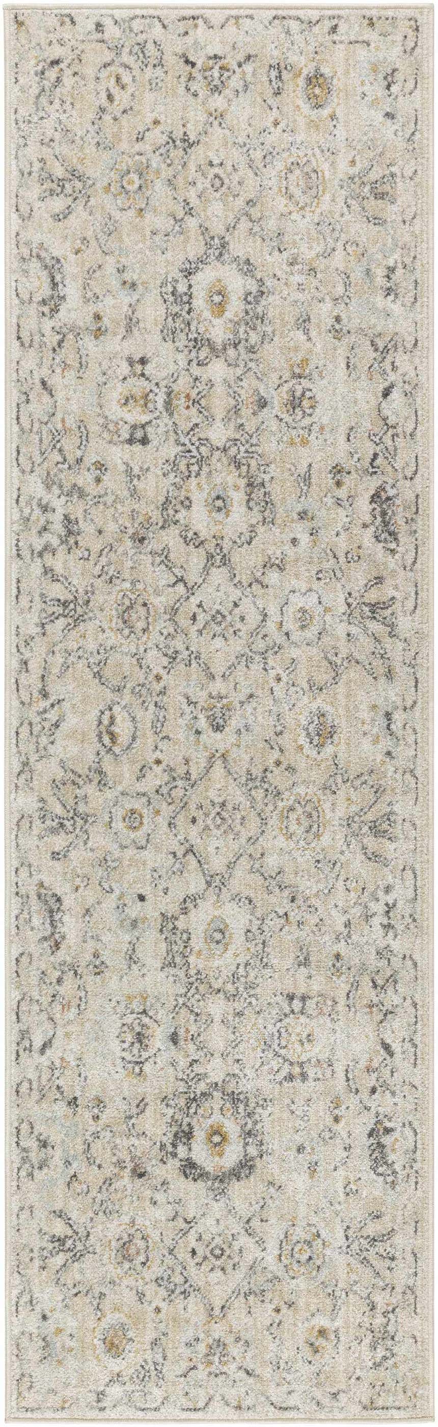 Close-up of the Nourison Oushak Home Cream Vintage Indoor Area Rug. Features a detailed floral pattern in cream, gray, and gold tones.