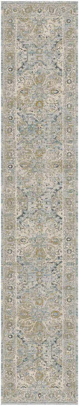 Close-up of Nourison Lynx Light Blue Vintage rug. High pile rug with traditional, distressed pattern in light blue, beige, and gray.