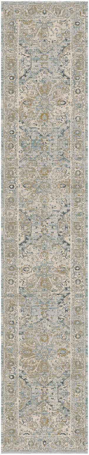 Close-up of Nourison Lynx Light Blue Vintage rug. High pile rug with traditional, distressed pattern in light blue, beige, and gray.