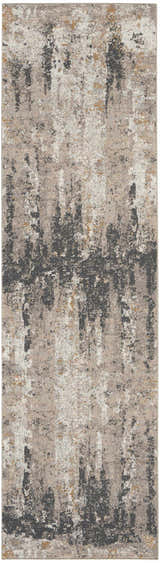 Close-up of the Nourison Tangra Cream Grey rug. Abstract design with cream, gray, and gold tones. Modern style.