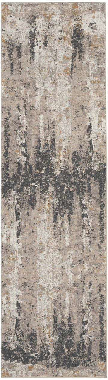 Close-up of the Nourison Tangra Cream Grey rug. Abstract design with cream, gray, and gold tones. Modern style.