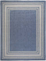 Denim Nourison Horizon rug with a light gray border. Modern, machine-made polypropylene rug.