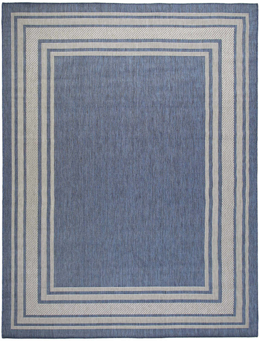 Denim Nourison Horizon rug with a light gray border. Modern, machine-made polypropylene rug.