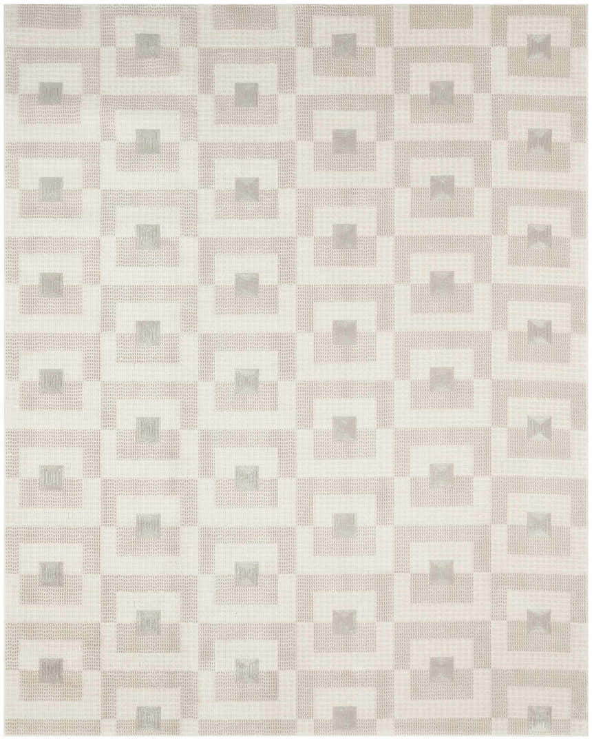 Close-up of Nourison Nordic Ivory Beige Rug. Modern geometric square pattern in neutral beige and ivory tones.