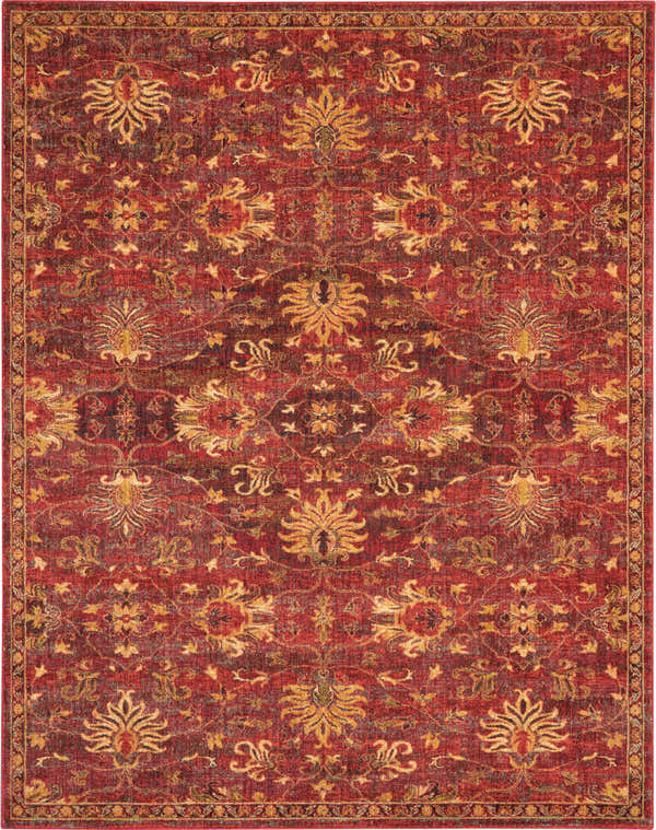 Close-up of the Nourison Jewel Brick Persian Indoor Area Rug featuring a brick red and gold floral pattern.