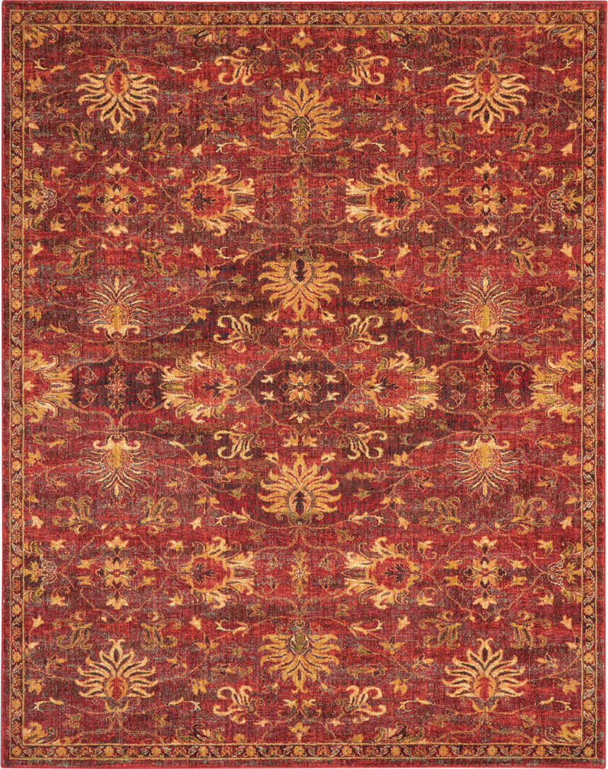 Close-up of the Nourison Jewel Brick Persian Indoor Area Rug featuring a brick red and gold floral pattern.