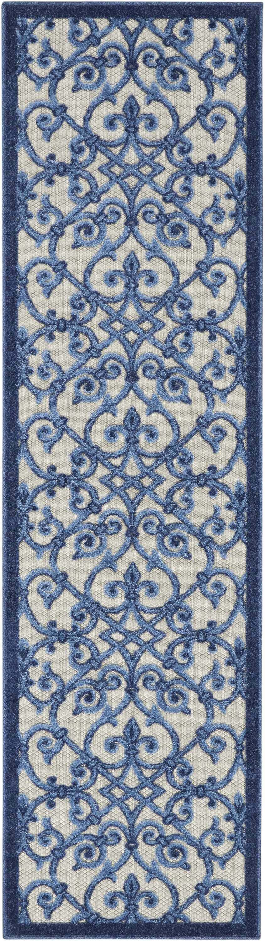 Close-up of the Nourison Aloha Grey Blue Contemporary Area Rug, featuring a blue floral scroll pattern on a gray textured background.