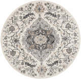 Close-up of round Nourison Elation Ivory Grey rug. Floral pattern in shades of gray, taupe, and ivory. Transitional style.