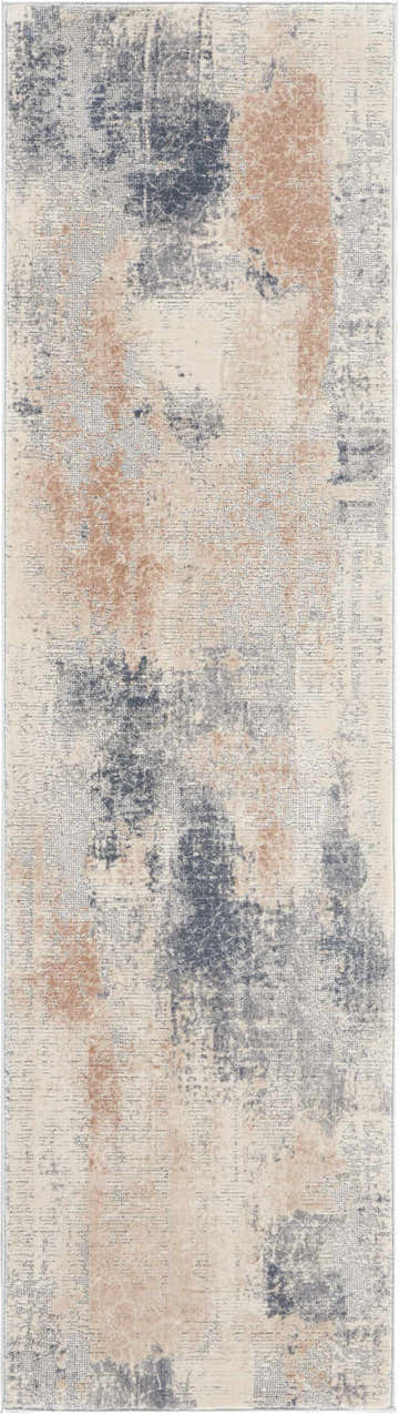 Close-up of the Nourison Rustic Textures rug. Beige, gray, and tan abstract pattern with a distressed, modern design.
