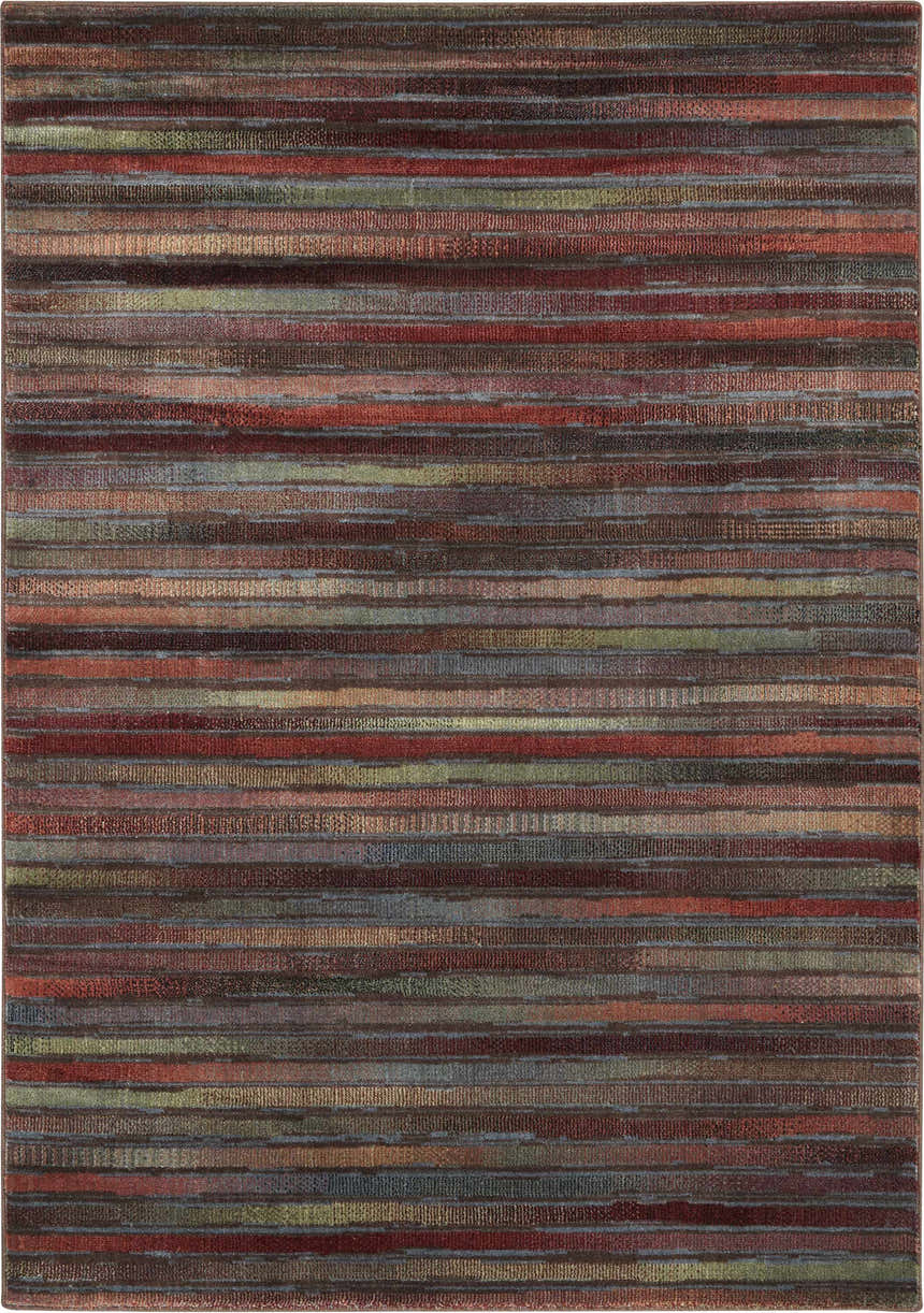 Close-up of Nourison Expressions Multicolor Painterly area rug featuring horizontal stripes in shades of red, brown, green, and beige.