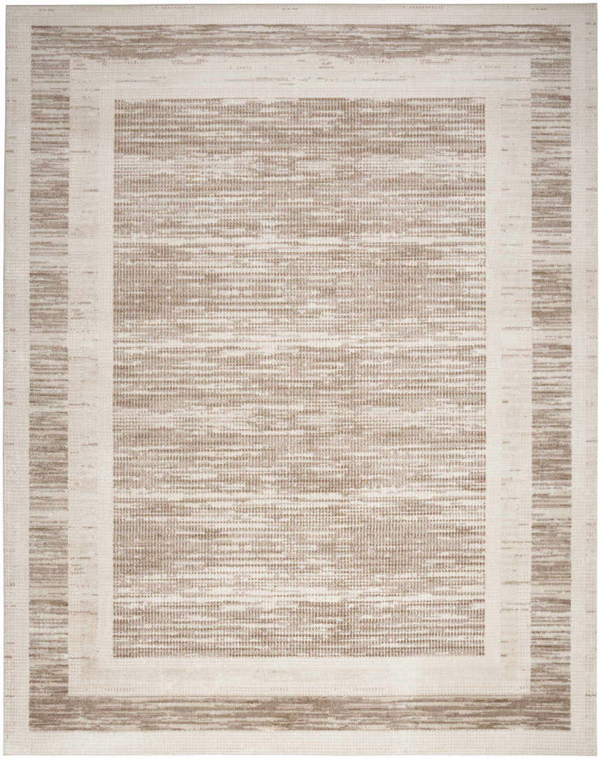 Close-up of the Nourison Serenity Home Mocha Ivory rug, featuring a modern, textured pattern in chestnut and ivory.