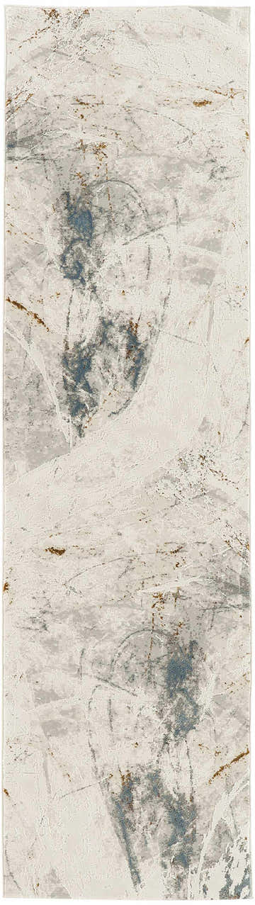 Close-up of Nourison Desire Ivory Grey Blue rug. Abstract pattern in ivory, grey, blue, and chestnut. Modern design.