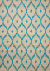 Close-up of Nourison Spectrum Beige Turquoise rug featuring an ogee pattern and textured weave.