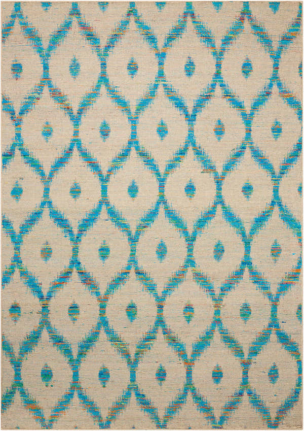 Close-up of Nourison Spectrum Beige Turquoise rug featuring an ogee pattern and textured weave.