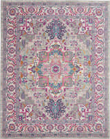 Detailed Nourison Passion Light Grey Pink Bohemian Area Rug with floral and geometric patterns.