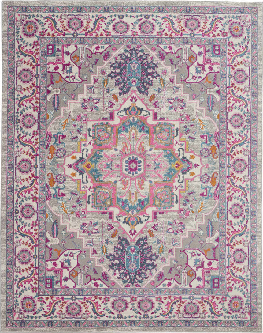 Detailed Nourison Passion Light Grey Pink Bohemian Area Rug with floral and geometric patterns.