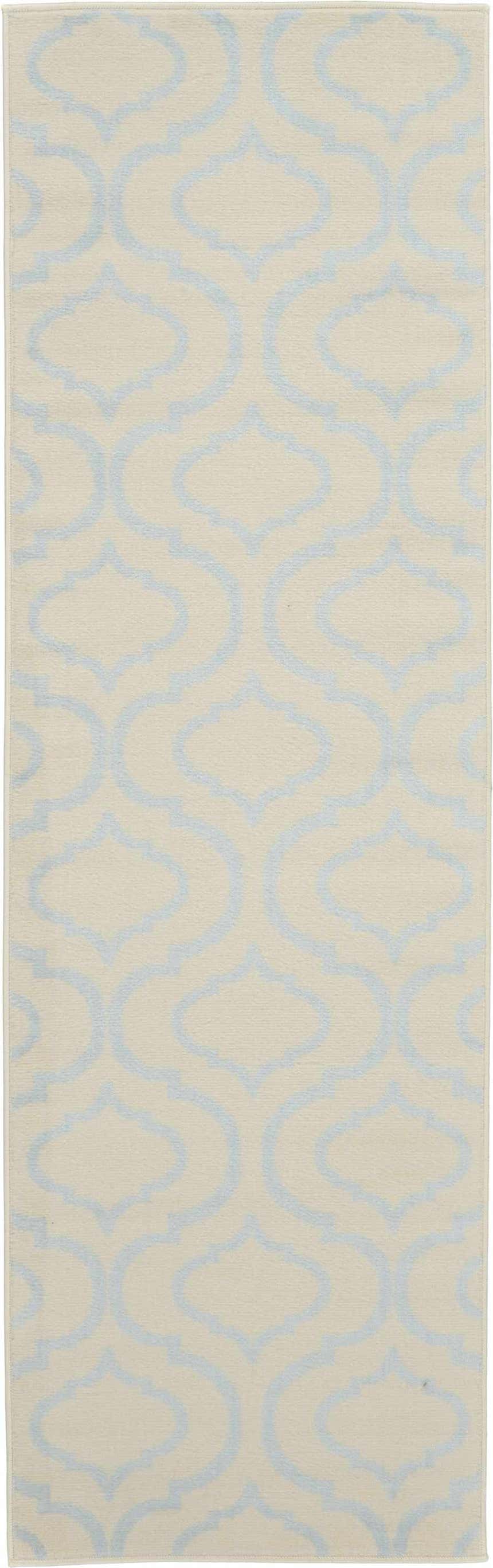 Close-up of Nourison Jubilant Ivory Blue rug. Features a light blue, contemporary trellis pattern on an ivory background.
