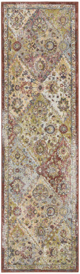 Close-up of Nourison Soraya Terracotta Multicolor rug. Colorful floral pattern in terracotta, green, gold, and blue hues.