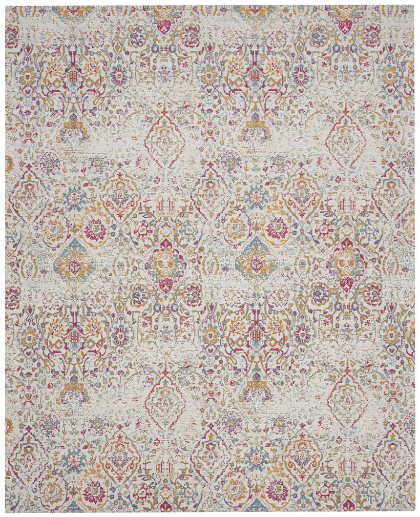 Close-up of Nourison Damask Multicolor Bohemian Area Rug. Features a detailed damask pattern in pink, blue, and gold on a cream background.