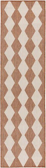 Close-up of Nourison Positano Terracotta Rug. Burnt orange with a geometric diamond pattern. Mid-Century Modern style.