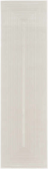 Close-up of the Calvin Klein CK024 Irradiant Ivory rug, showcasing its subtle striped texture and geometric pattern.