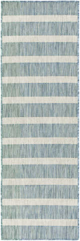 Close-up of the Nourison Positano Aqua Ivory Area Rug, featuring a striped pattern and woven texture.