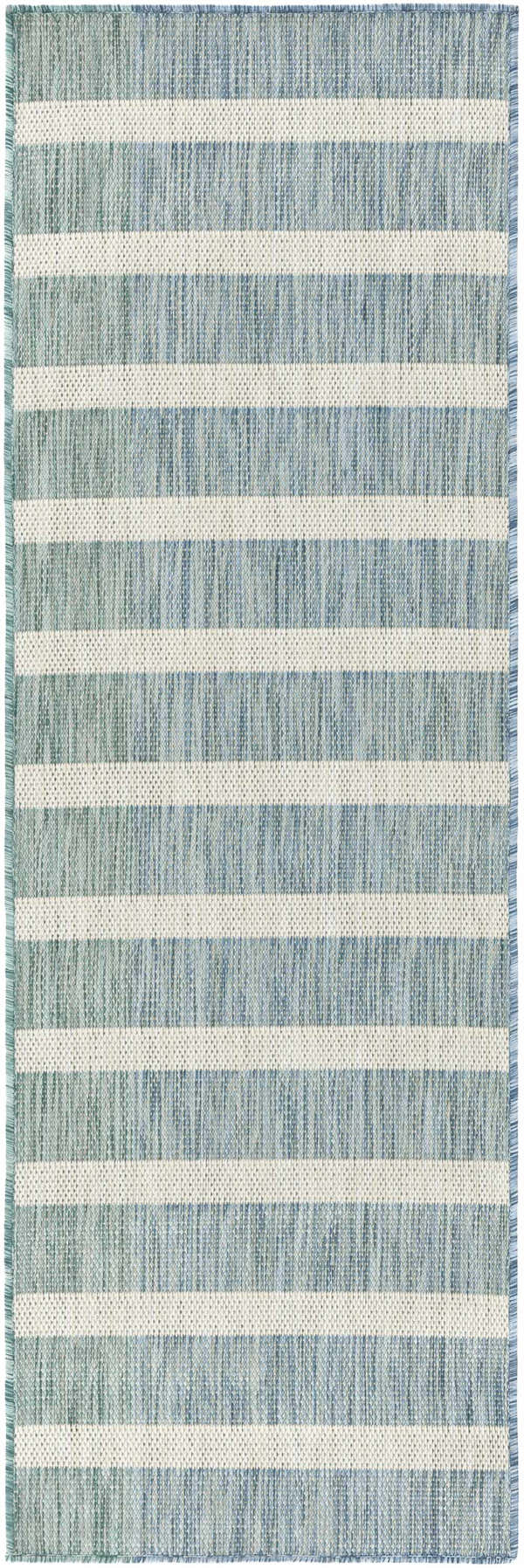 Close-up of the Nourison Positano Aqua Ivory Area Rug, featuring a striped pattern and woven texture.