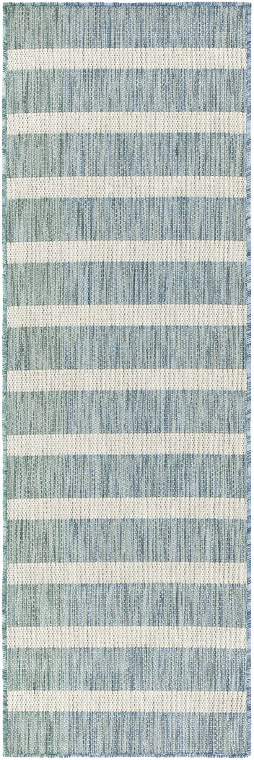Close-up of the Nourison Positano Aqua Ivory Area Rug, featuring a striped pattern and woven texture.