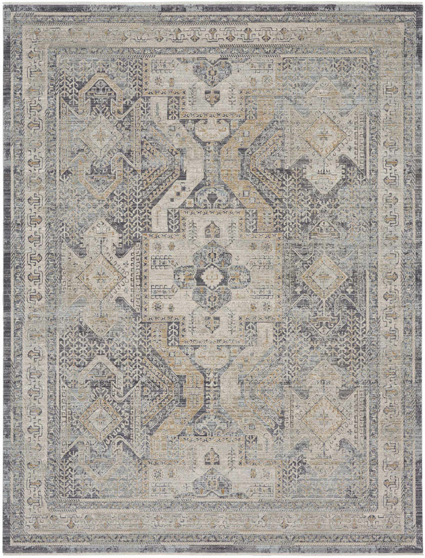 Close-up of Nourison Lynx Ivory Charcoal Vintage Indoor Area Rug featuring an ornate, distressed geometric pattern.