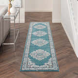 Hallway with Nourison Passion Turquoise Grey Bohemian Runner rug on dark wood floor.