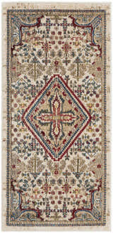 Close-up of the Nourison Karisma Ivory Area Rug. Farmhouse style with chestnut, red, and blue floral and geometric patterns.
