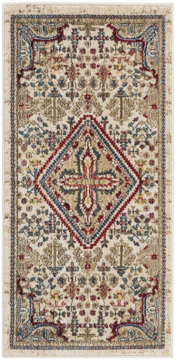 Close-up of the Nourison Karisma Ivory Area Rug. Farmhouse style with chestnut, red, and blue floral and geometric patterns.