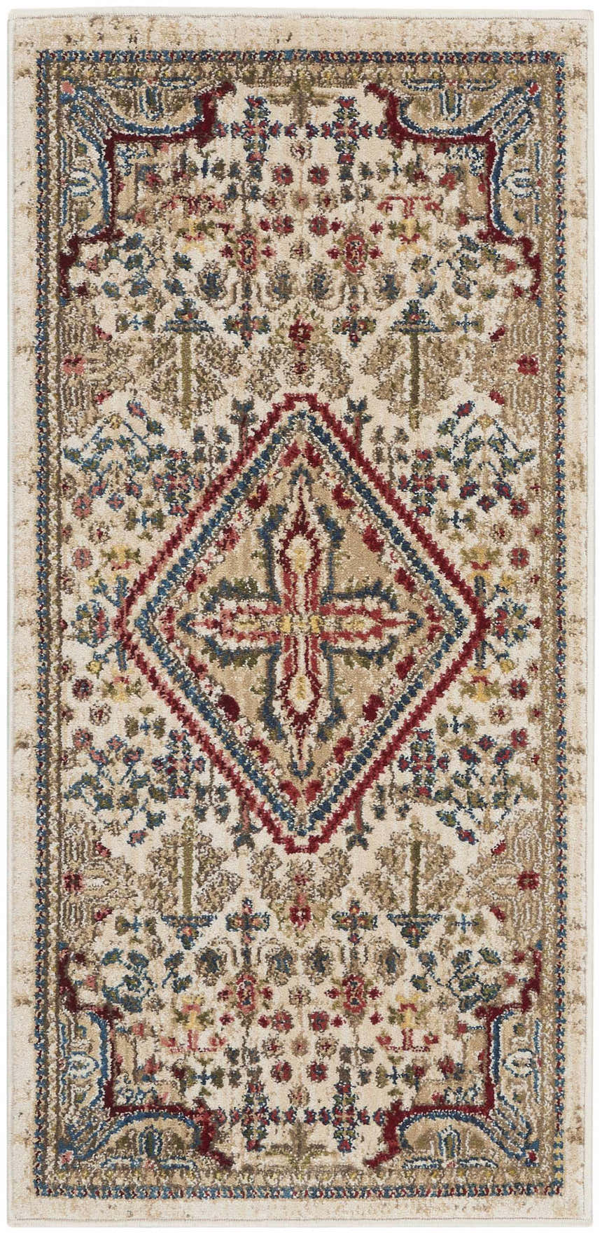 Close-up of the Nourison Karisma Ivory Area Rug. Farmhouse style with chestnut, red, and blue floral and geometric patterns.