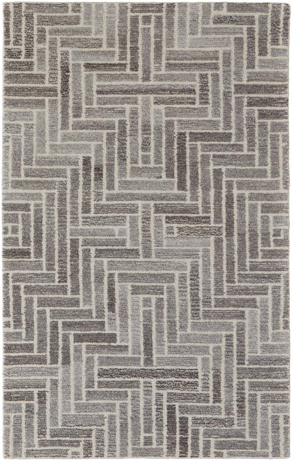Close-up of Feizy Asher Transitional Geometric Area Rug in taupe, gray, and tan with a textured, block-like pattern. Design-Rectangle