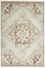 Close-up of the Nourison Carina Brick Silver area rug. Farmhouse style rug with brick, silver, and cream geometric pattern.