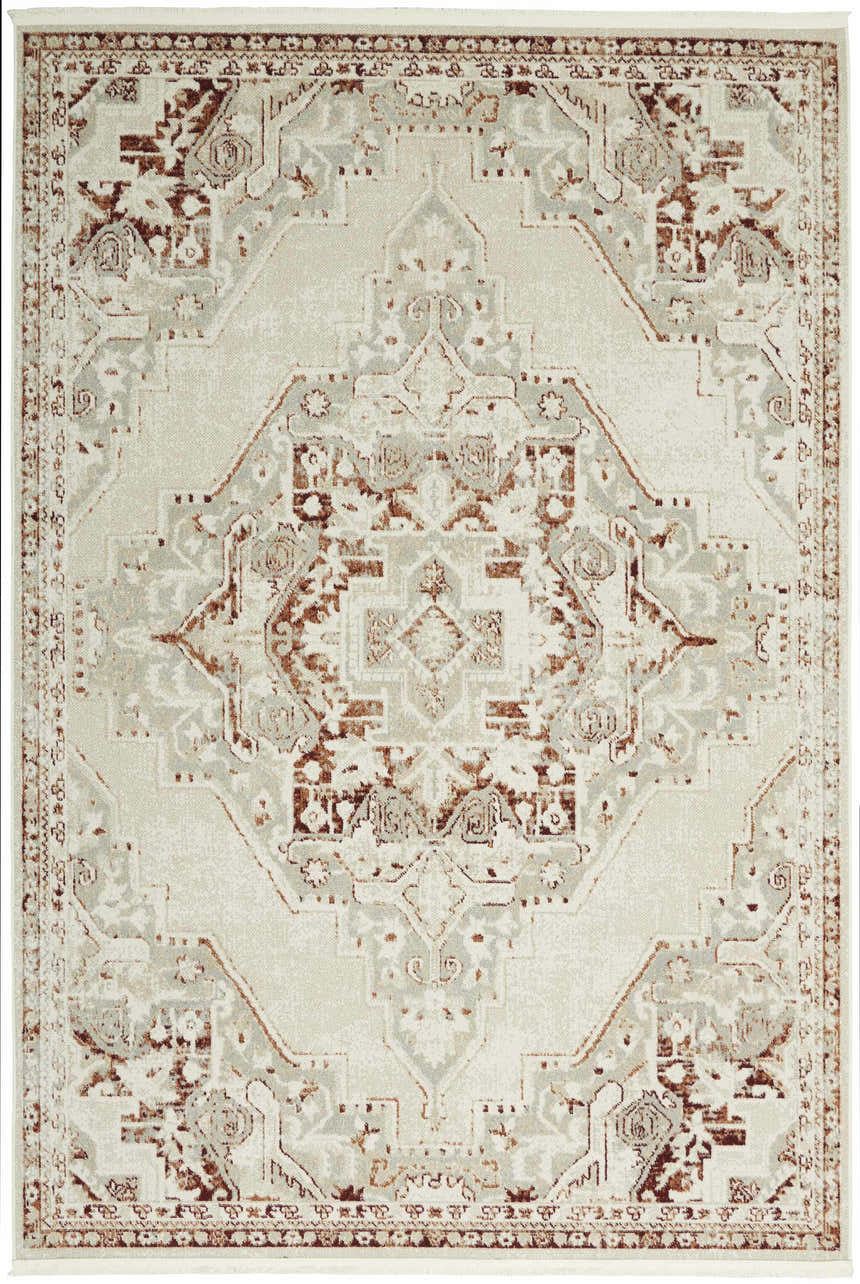 Close-up of the Nourison Carina Brick Silver area rug. Farmhouse style rug with brick, silver, and cream geometric pattern.