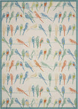Close-up of the Waverly Sun N' Shade Multicolor Tropical Area Rug featuring a colorful bird and wire pattern.