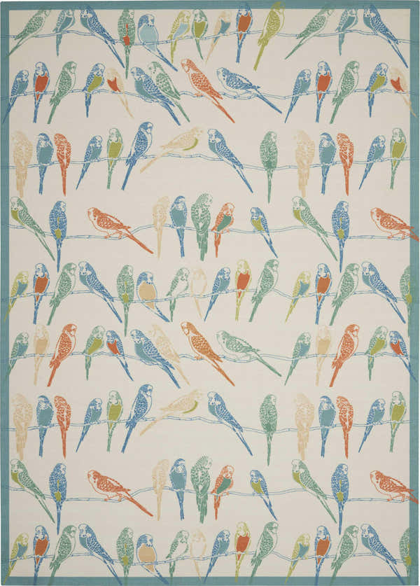 Close-up of the Waverly Sun N' Shade Multicolor Tropical Area Rug featuring a colorful bird and wire pattern.